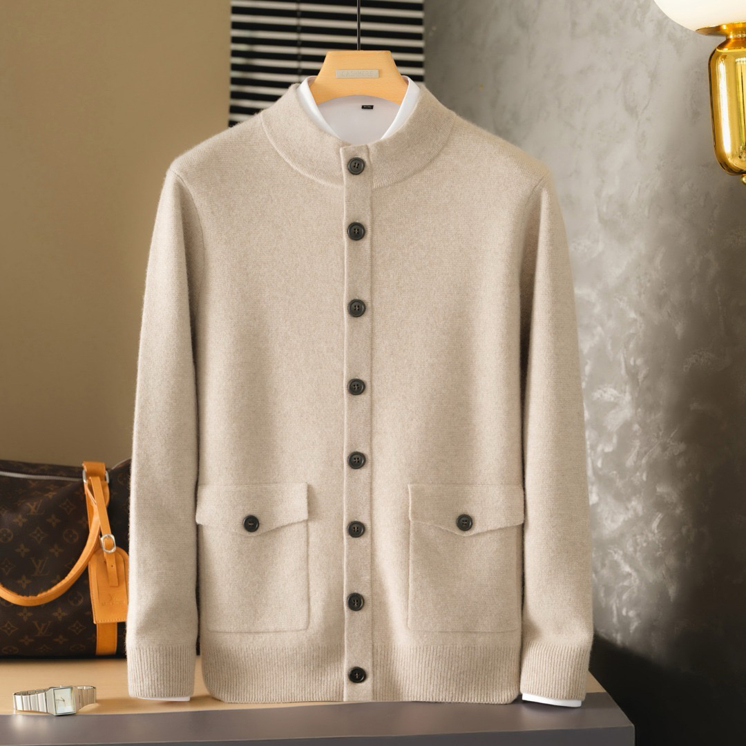 新款男士秋冬加厚半高领单排扣开衫100%山羊绒A类M.ORO纱四平空转