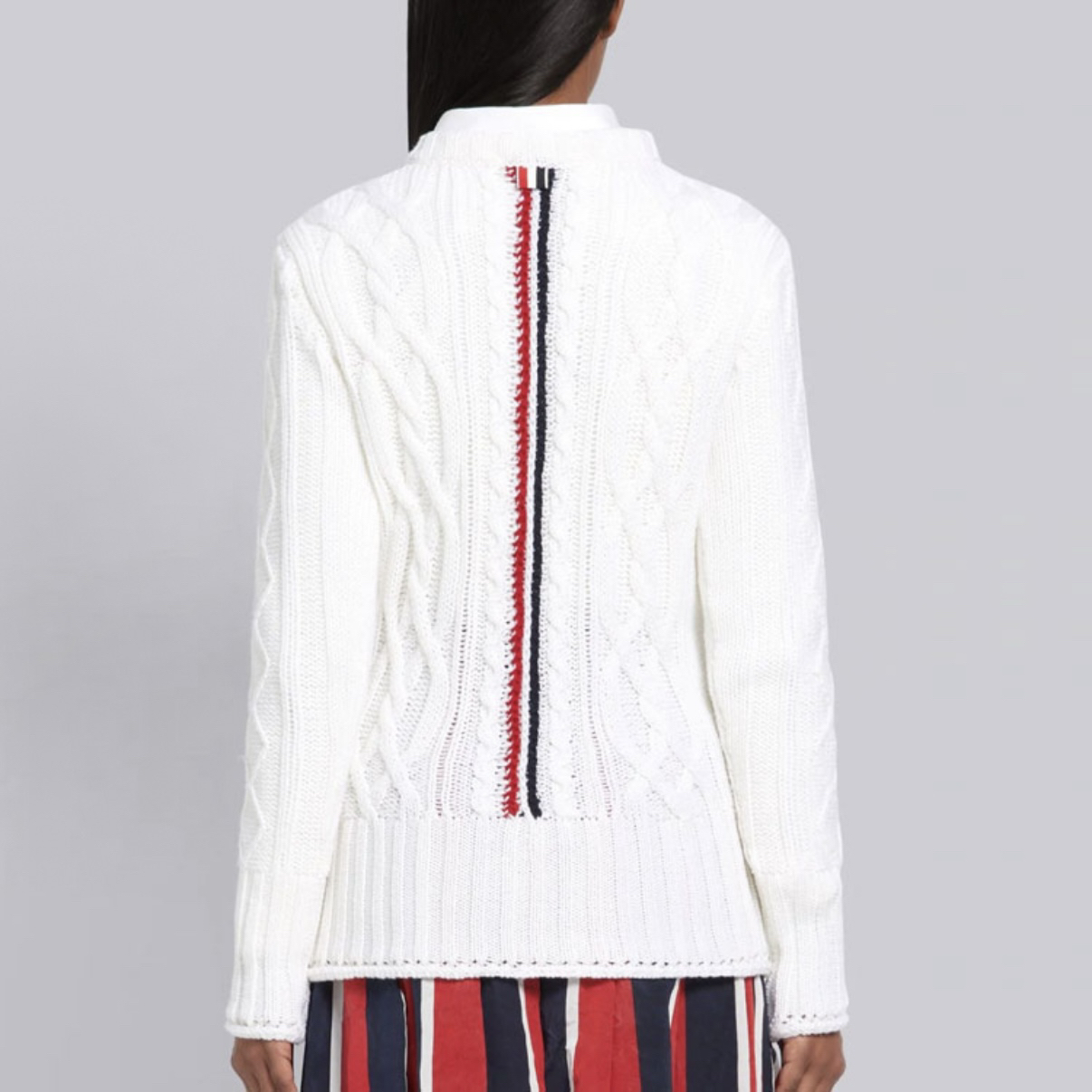 95新 THOMBROWNE 纯色后背彩条羊毛衫修身毛衣 女款 白色 40码
