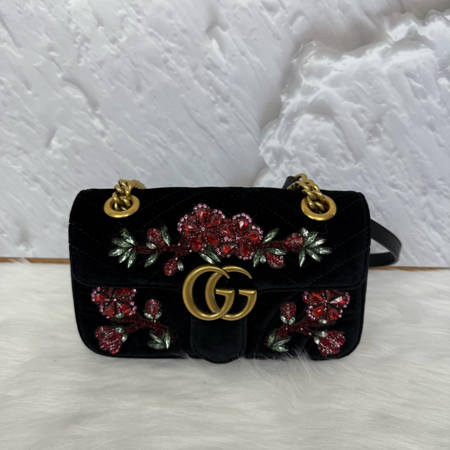 95新 GUCCI/古驰 1260 5396 古驰黑丝绒水钻马蒙