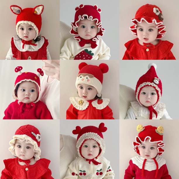 婴儿红色帽子秋冬季可爱超萌婴幼儿童套头帽宝宝毛线针织帽新年帽