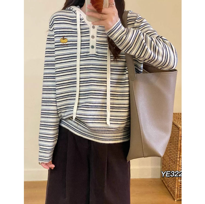  /DANDAN/ 南瓜~抽绳连帽条纹毛衣宽松外套~176
