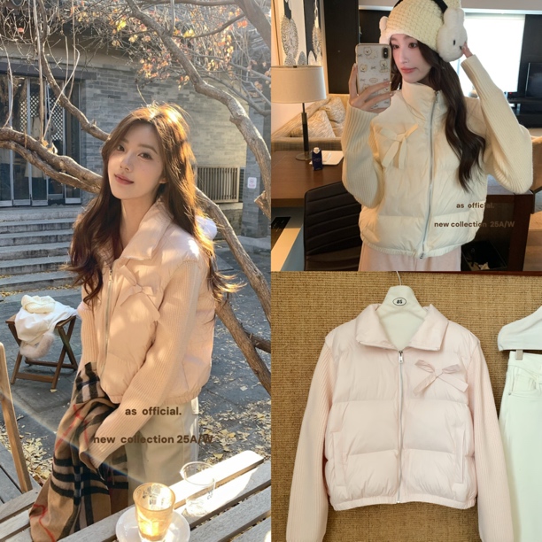 【张开心】韩AS冬日韩女～娇宝的奶fu显瘦精致蝴蝶结拼接保暖羽绒服
