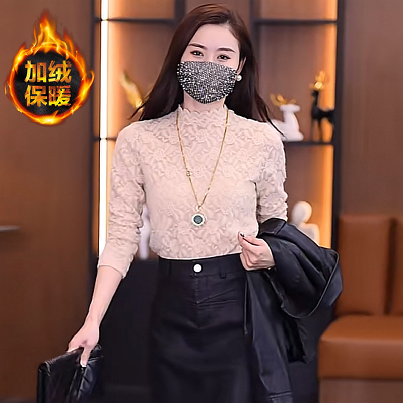 水溶蕾丝打底衫女秋冬新款加绒保暖上衣洋气时尚女装