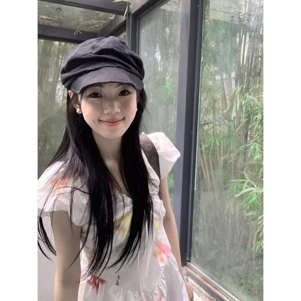 日系薄款亚麻黑色褶皱云朵贝雷帽女夏季透气大头围画家帽子报童帽