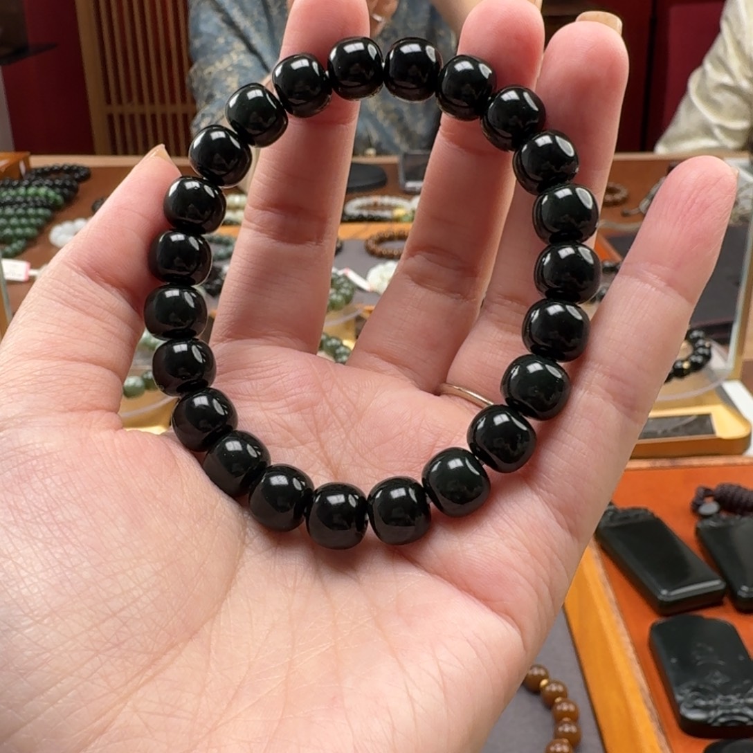 和田玉未镶嵌手链和田玉黑青9/10老