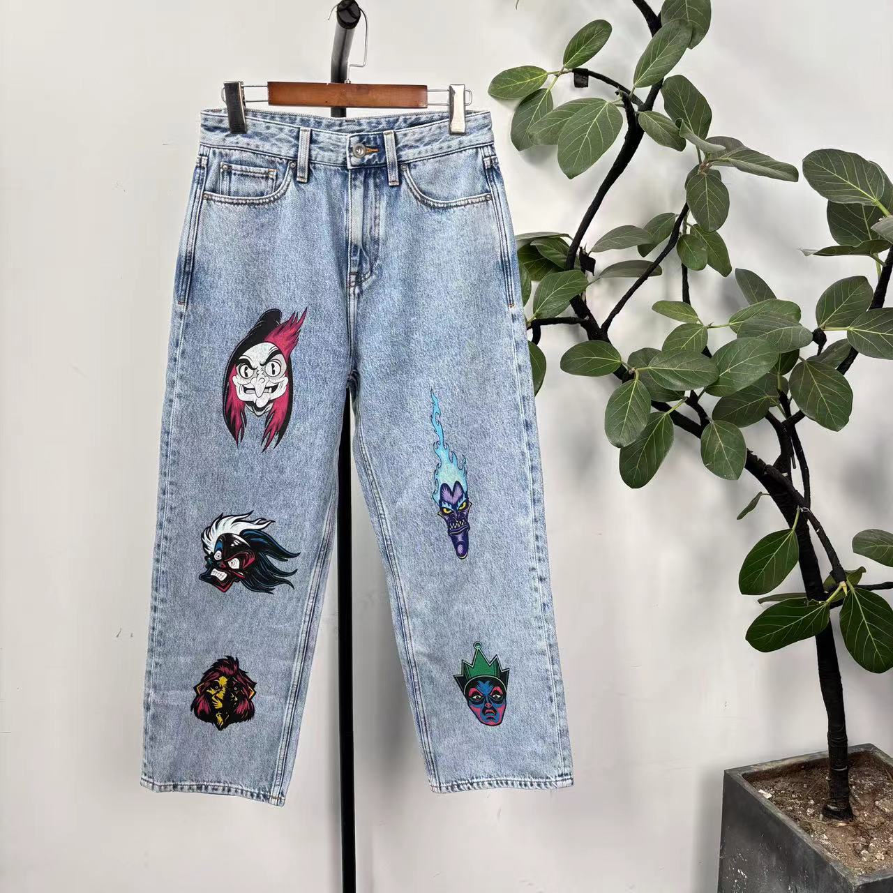 S-3 男士春秋季蓝色阔腿图案印花只直筒牛仔裤  N0066