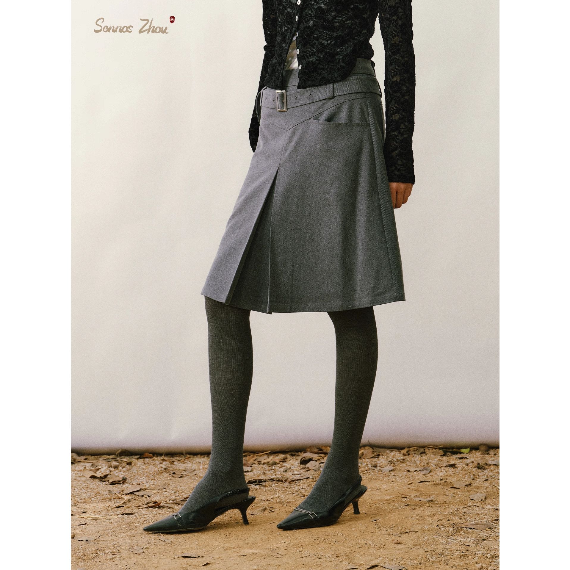 「晨雾破晓」sennos zhou结构感高腰灰色羊毛中裙秋冬气质半身裙