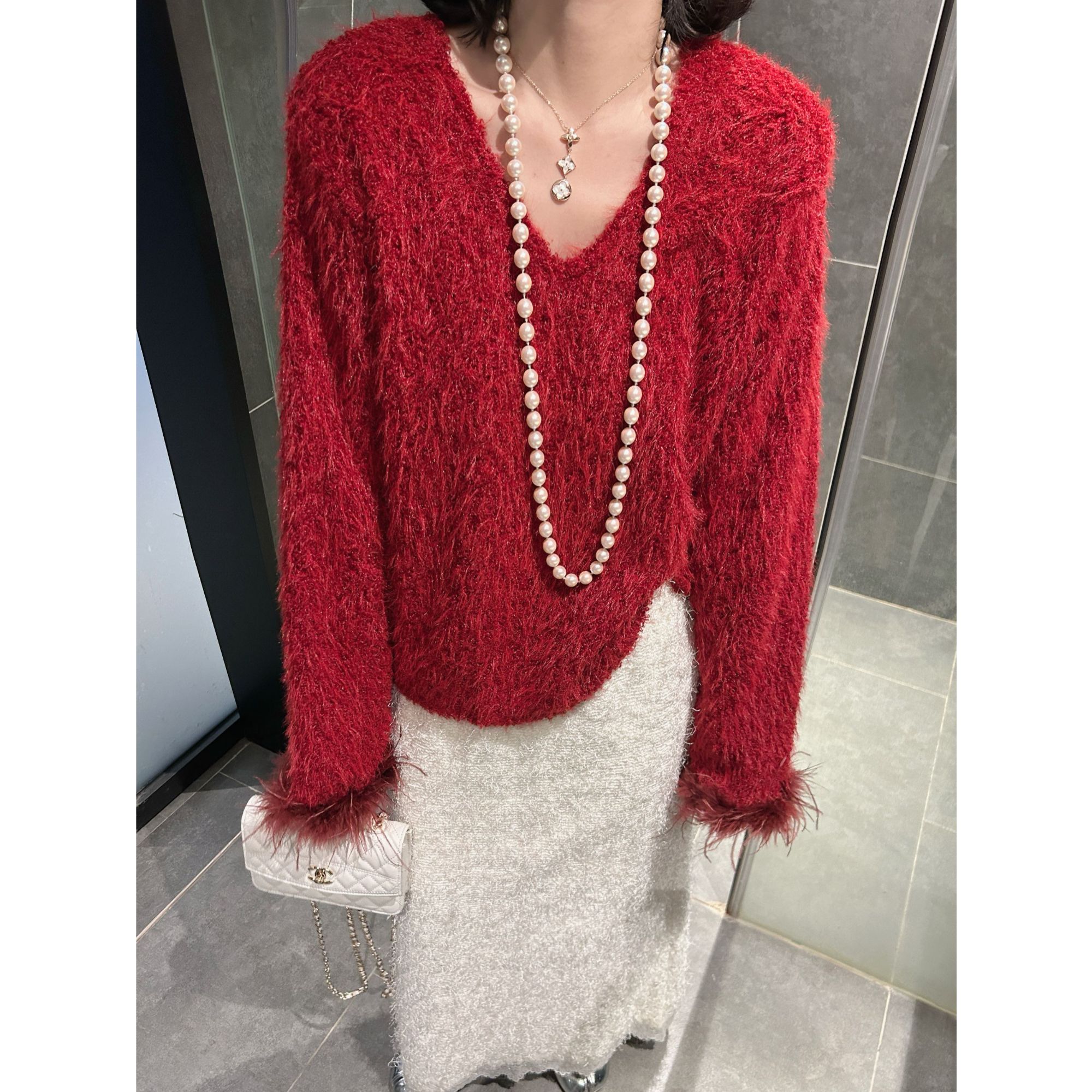 氛围感穿搭新年红色毛衣女冬季2026新款高级时髦拼接毛毛袖针织衫