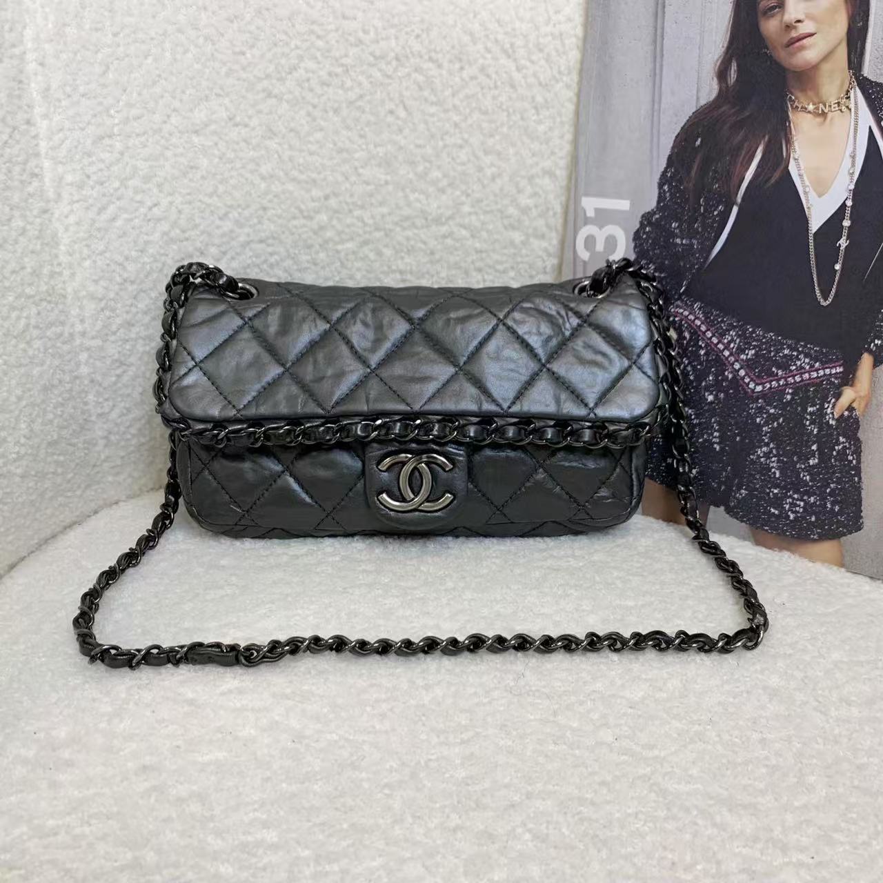 99新 Chanel/香奈儿 壹臻/14开 炭灰色珠光滚边CF斜挎包/37215897