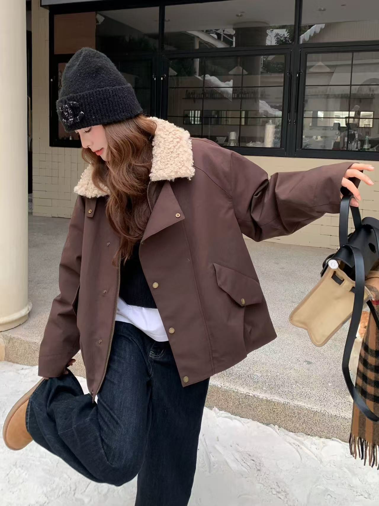 咖色毛毛翻领加厚保暖派克服女冬季宽松慵懒风韩版外套