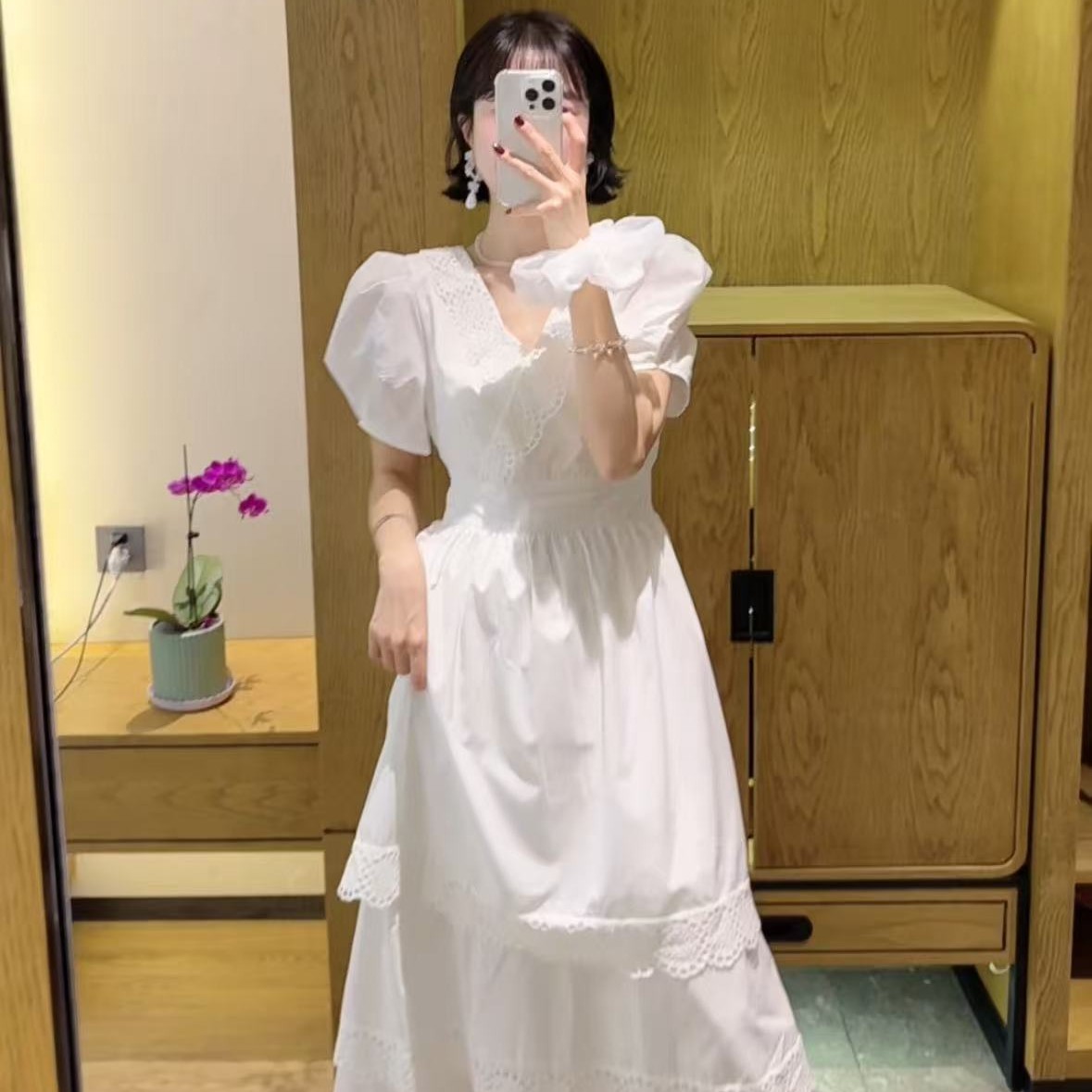 2025-9071长裙夏季纯色泡泡袖中腰连衣裙中法式裙子气质韩版时尚