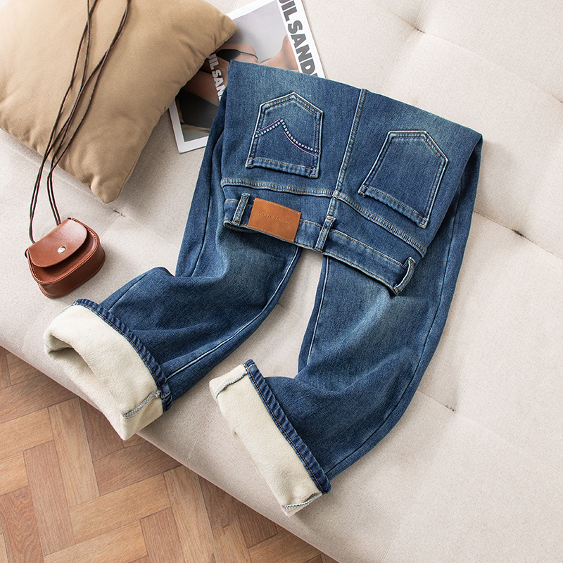 SHILV秋冬加绒厚款四面弹力高腰牛仔裤女窄版直筒裤子女显阔腿裤