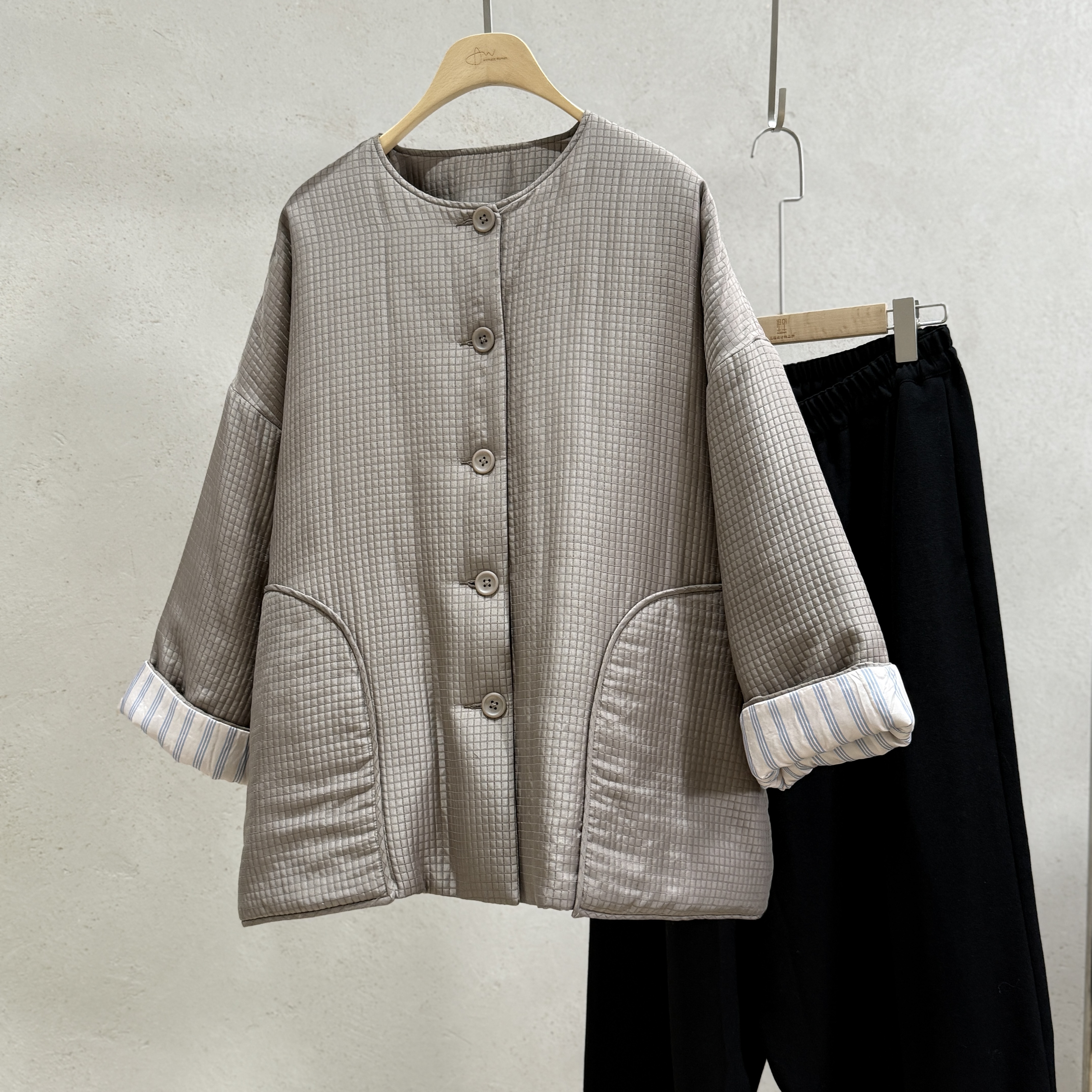 Li Wang/里望设计师款 真丝羊毛交织提花 3M新雪丽棉服细格纹外套