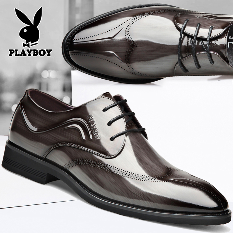 花花公子男士皮鞋真皮商务正装内增高尖头漆皮结婚新郎鞋大码冬季
