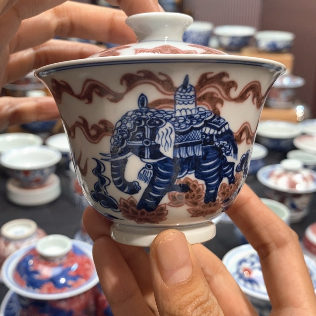 林*太平有象盖碗柴窑原矿手绘