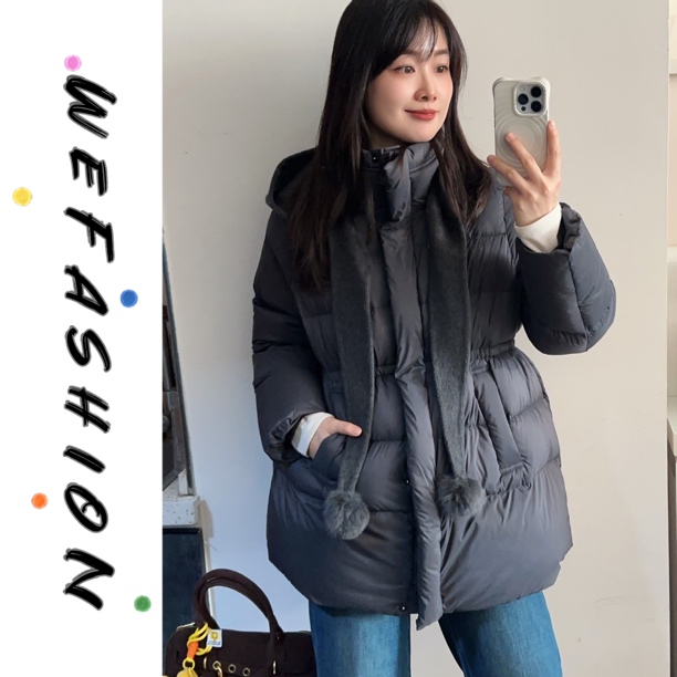 【WE】冬季新款深灰色收腰连帽中款羽绒服