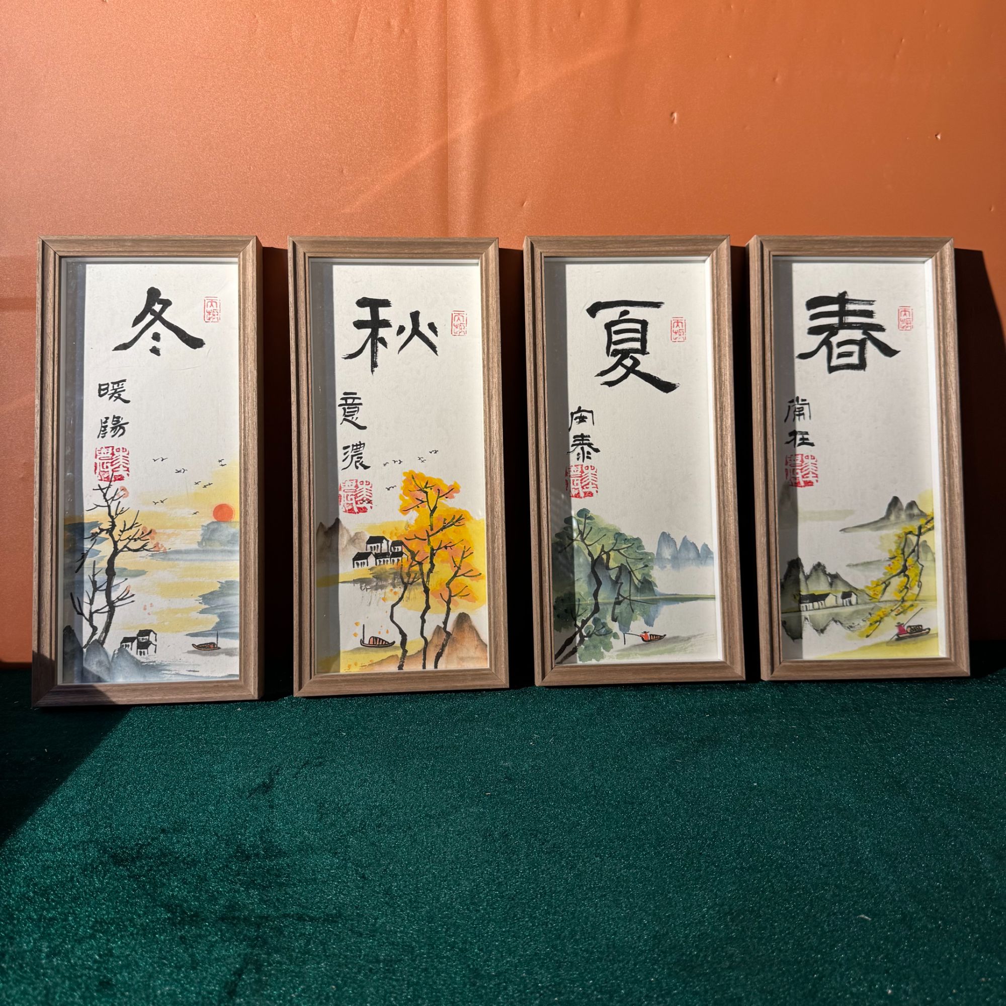 【春夏秋冬山水】汤小莲手绘 绘画相框摆件家居装饰摆台17*37实木皮