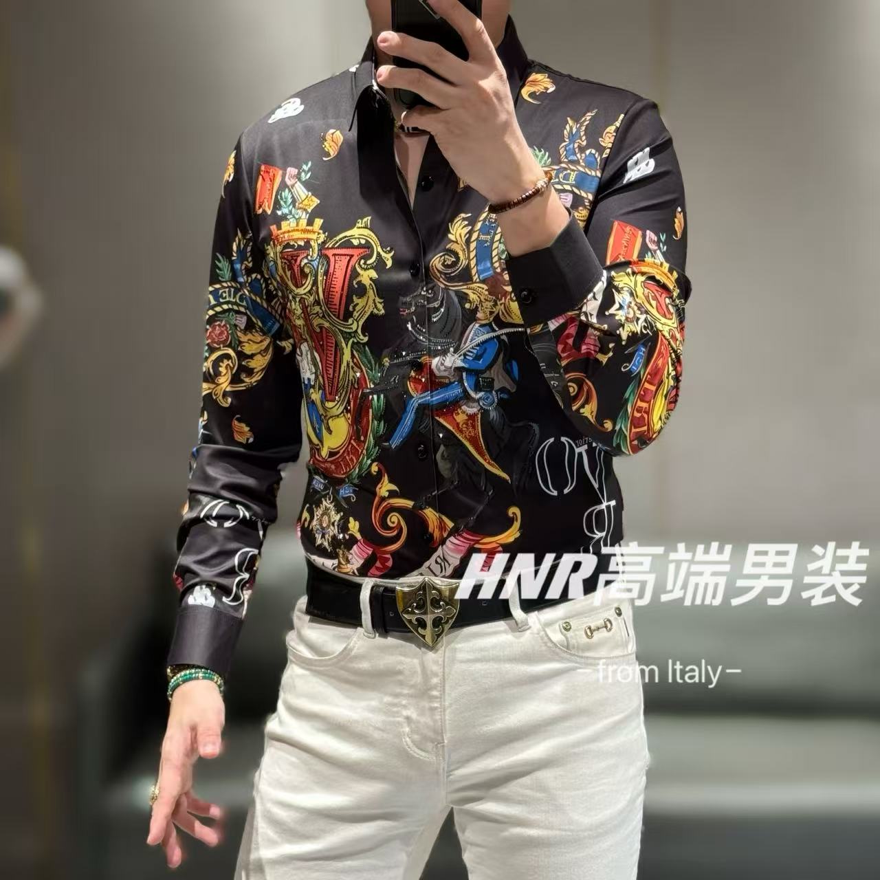 欧美骑士5D康利直喷奥钻点缀工艺弹力莱卡面料新款衬衫82531