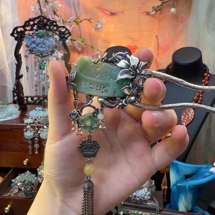 翡翠银S925镶嵌颈饰发簪