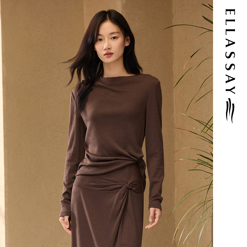ELLASSAY歌力思2025秋季新款一字领下摆捏褶针织衫女EWB363Z00400