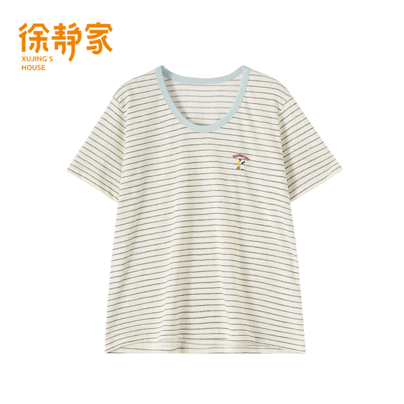 刺绣拼接撞色条纹u领夏季新款宽松韩系休闲百搭短袖t恤女4980129