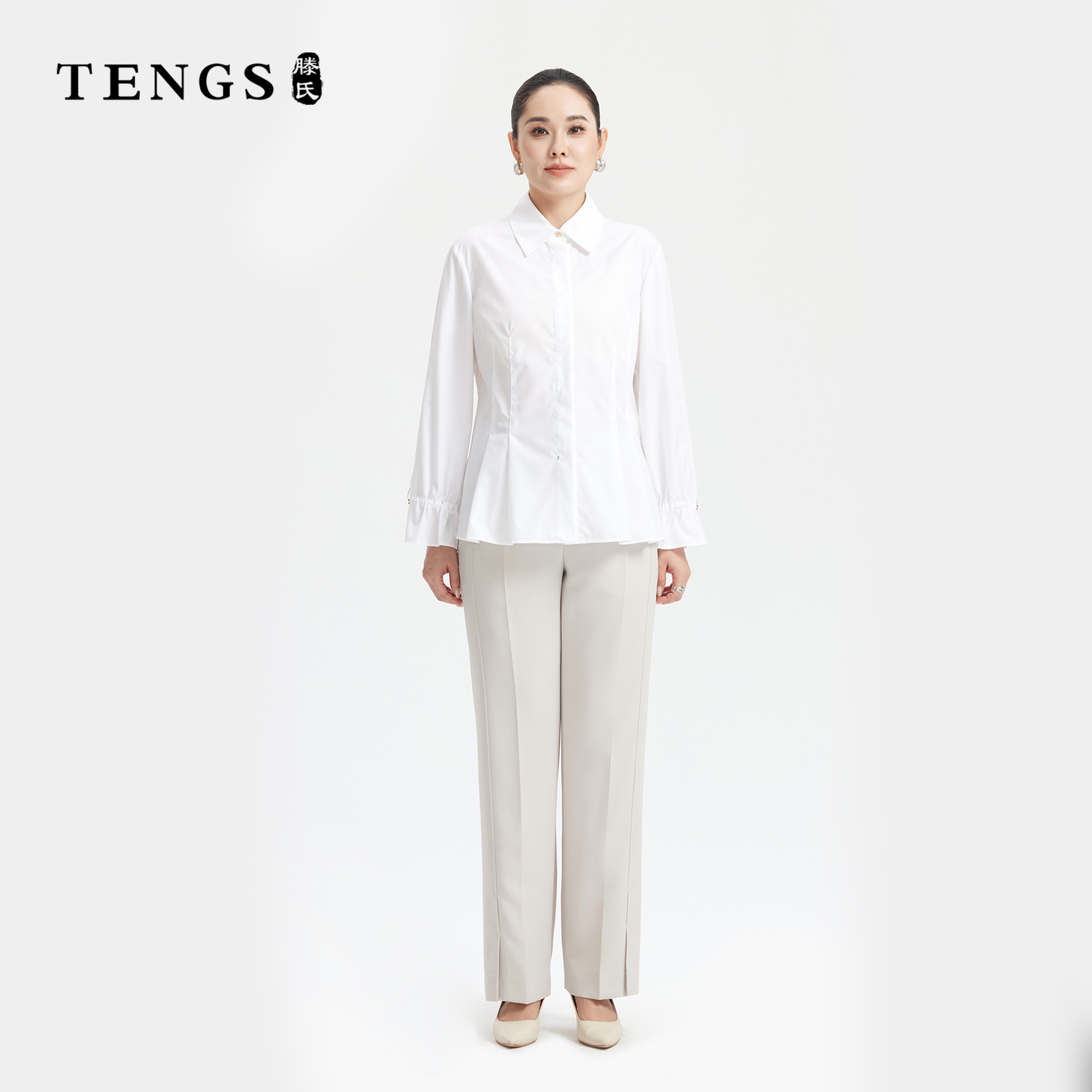 TENGS滕氏女装舒适简约纯棉长袖收腰衬衫