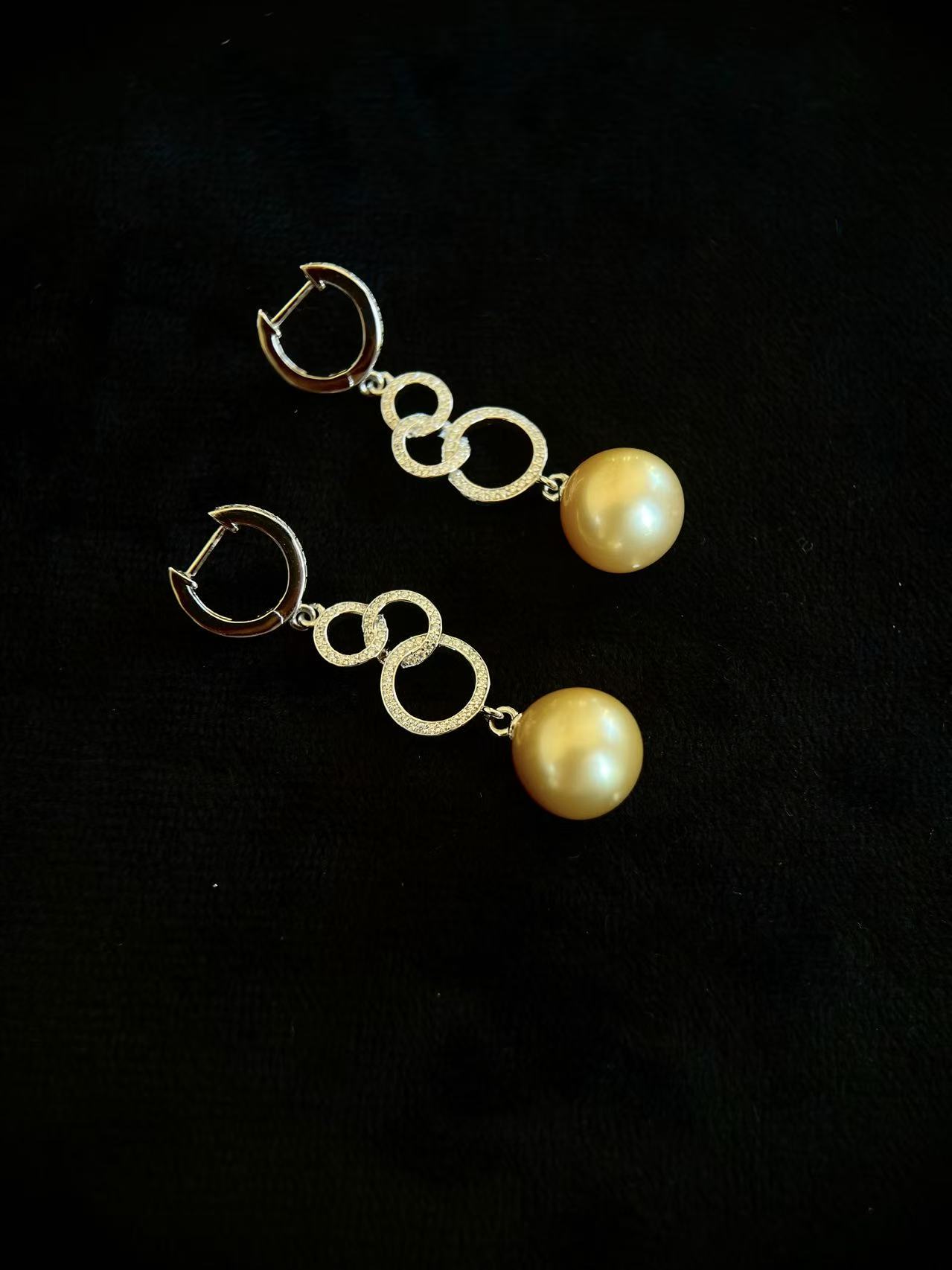 瑞城丨南洋金珠耳饰天然海水金珍珠耳环钻石耳饰正圆