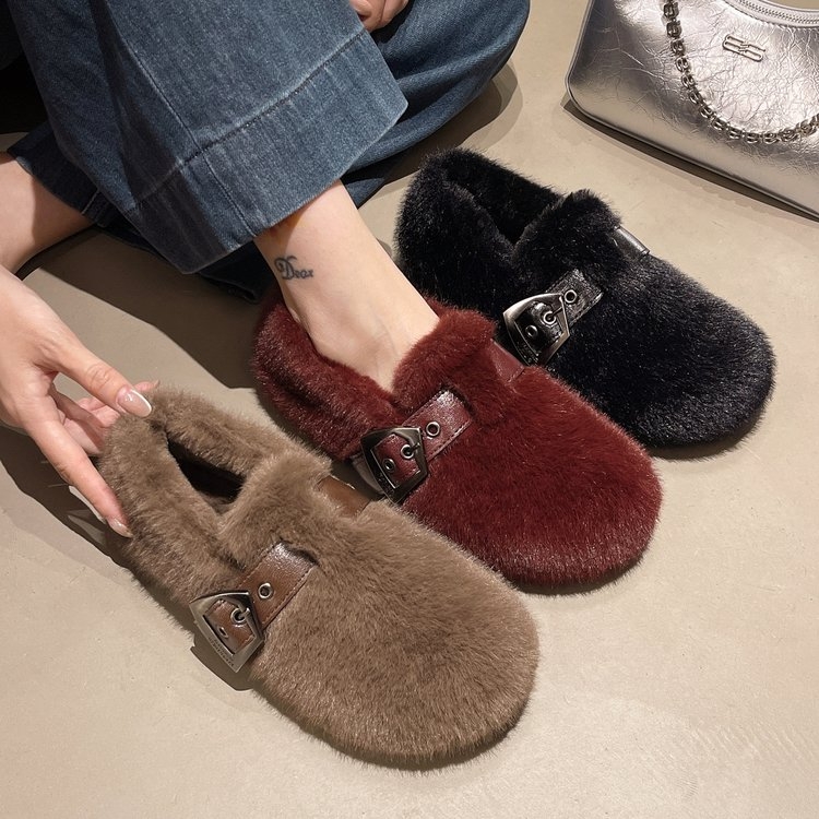 2025秋冬新款棉鞋保暖加绒女鞋平底舒适家居休闲毛毛鞋 M863