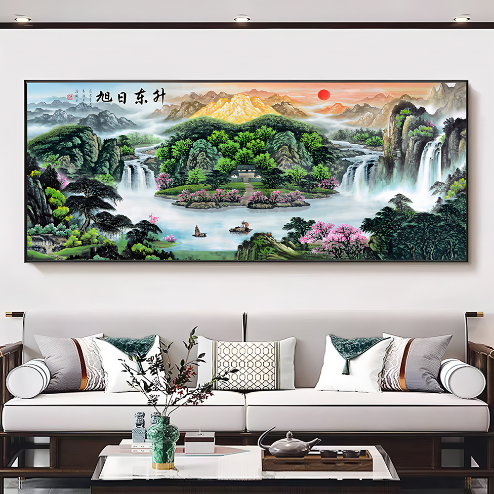 旭日东升聚宝盆风景山水画客厅水墨画新款现代简约大气挂画装饰画