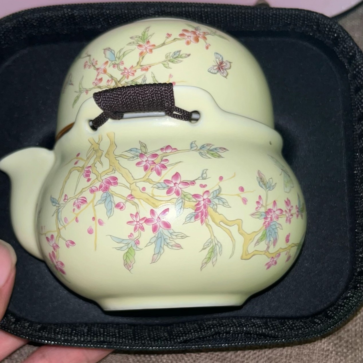 米黄紫藤花汝窑快客杯便携式旅行茶具套装一壶三杯个人泡茶壶户外