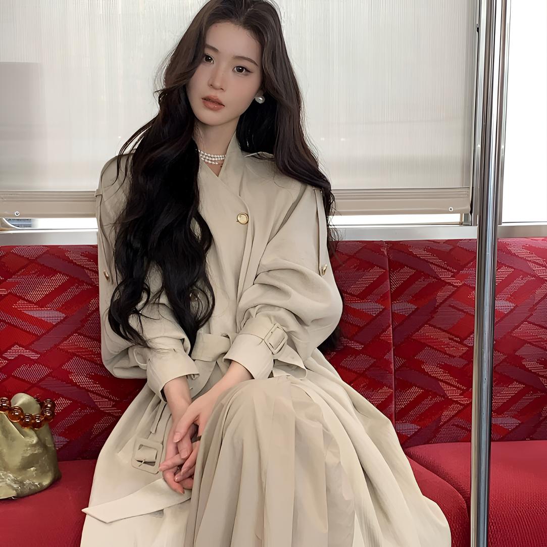 ICELOLLY巨好看风衣女2025新款中长款外套高个子亚麻大衣早秋穿搭