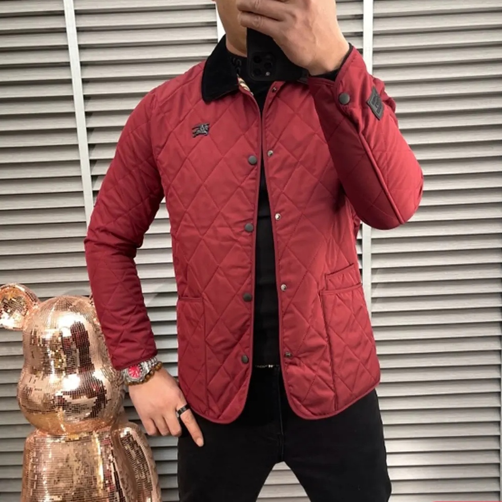 2025秋冬新款男士红色加棉菱格夹克薄棉保暖翻领纯色修身休闲夹克