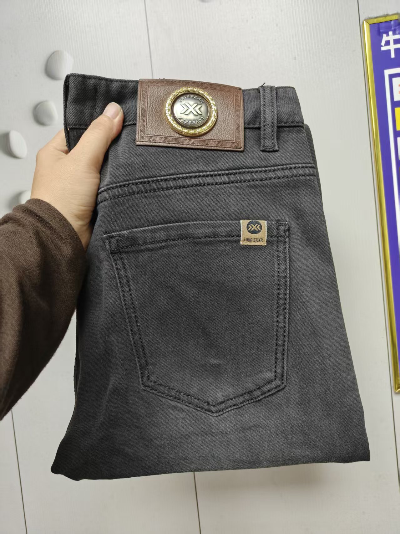 男士欧货牛仔裤秋冬厚款水泥灰修身小直筒