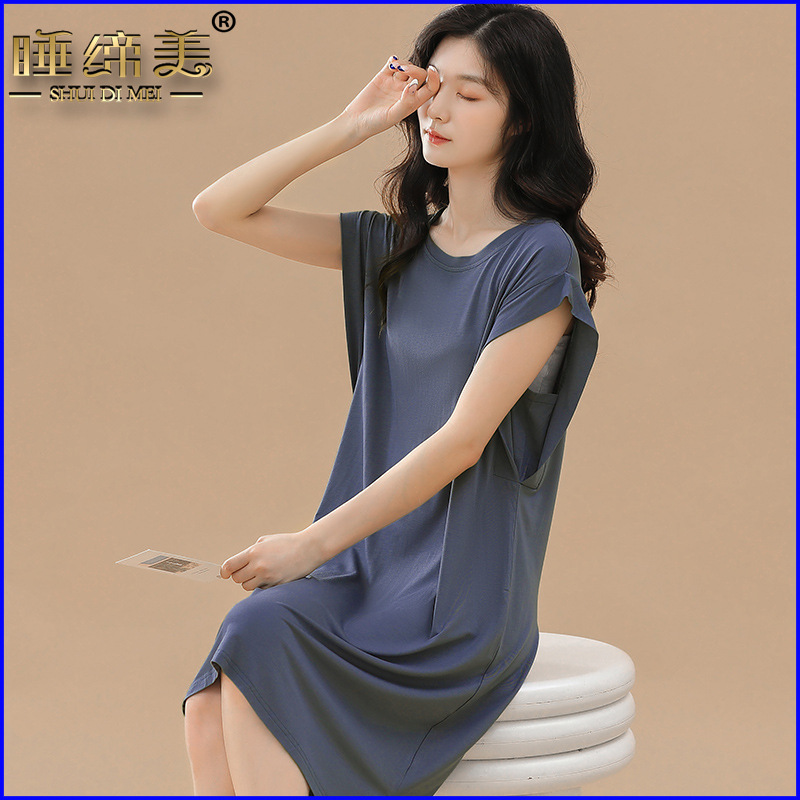 睡缔美莫代尔睡裙女夏短袖学生舒适柔软连肩少女睡裙圆领纯色女裙
