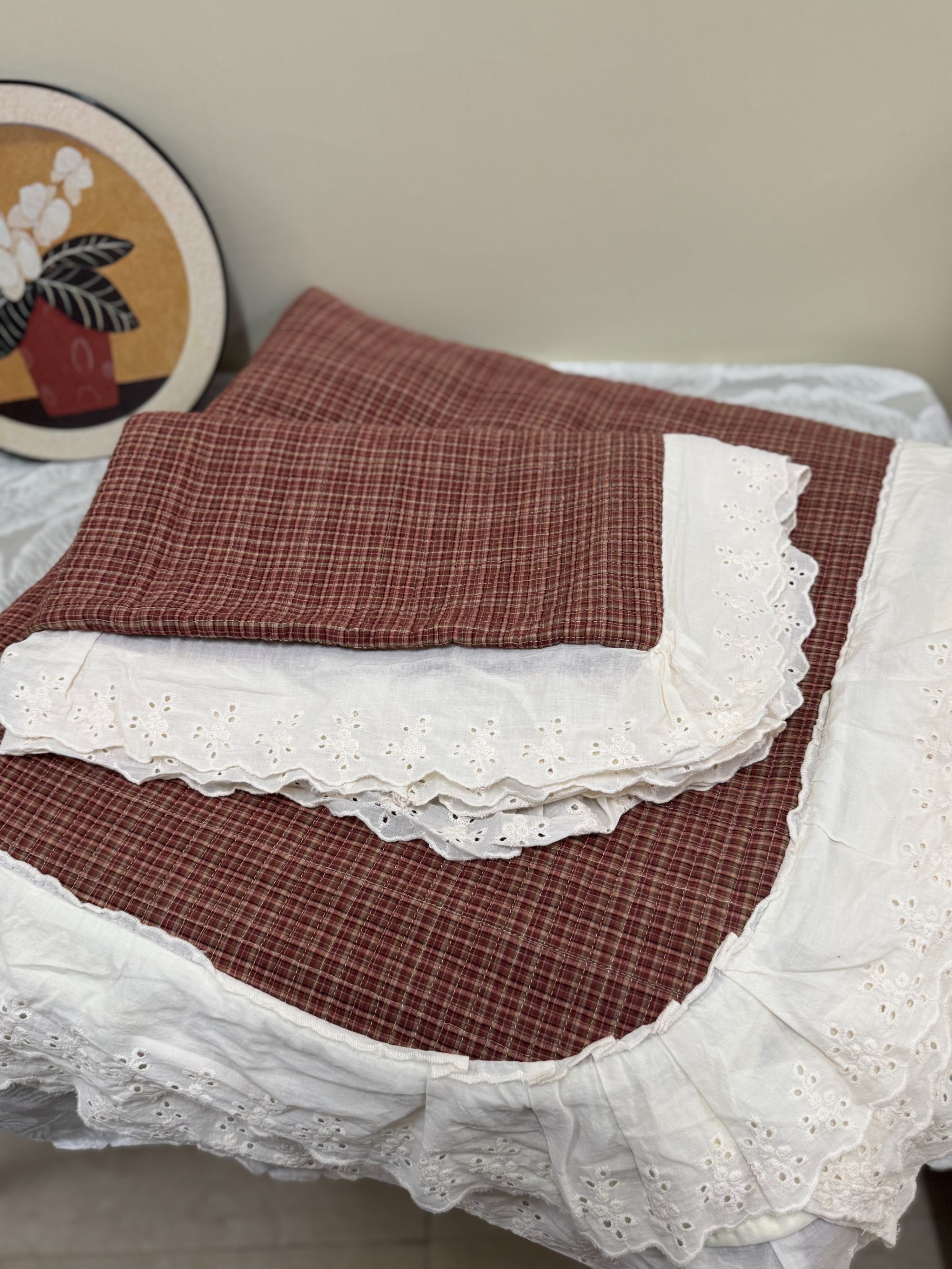 全棉水洗床盖色织纯棉法式大花边床盖三件套