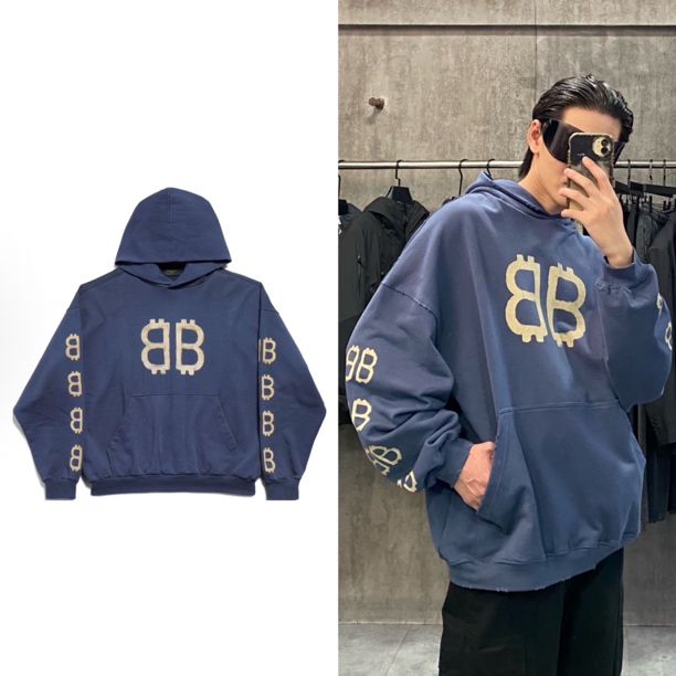 全新未使用 Balenciaga/巴黎世家 蓝比特币做旧宽松连帽卫衣帽衫