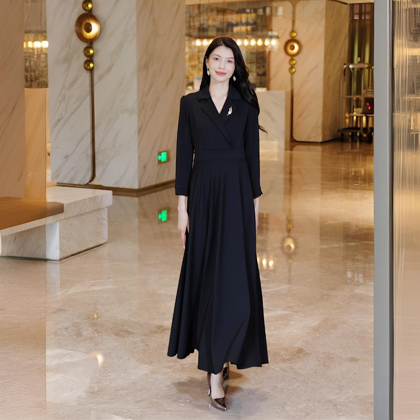 锦绣媛时尚复古蓝色气质长袖连衣裙2025秋季新款修身收腰轻奢长裙