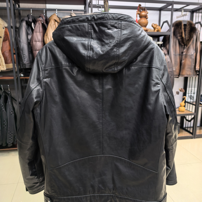 男款高品位休闲牛皮油蜡银兰水貂内胆牛皮夹克