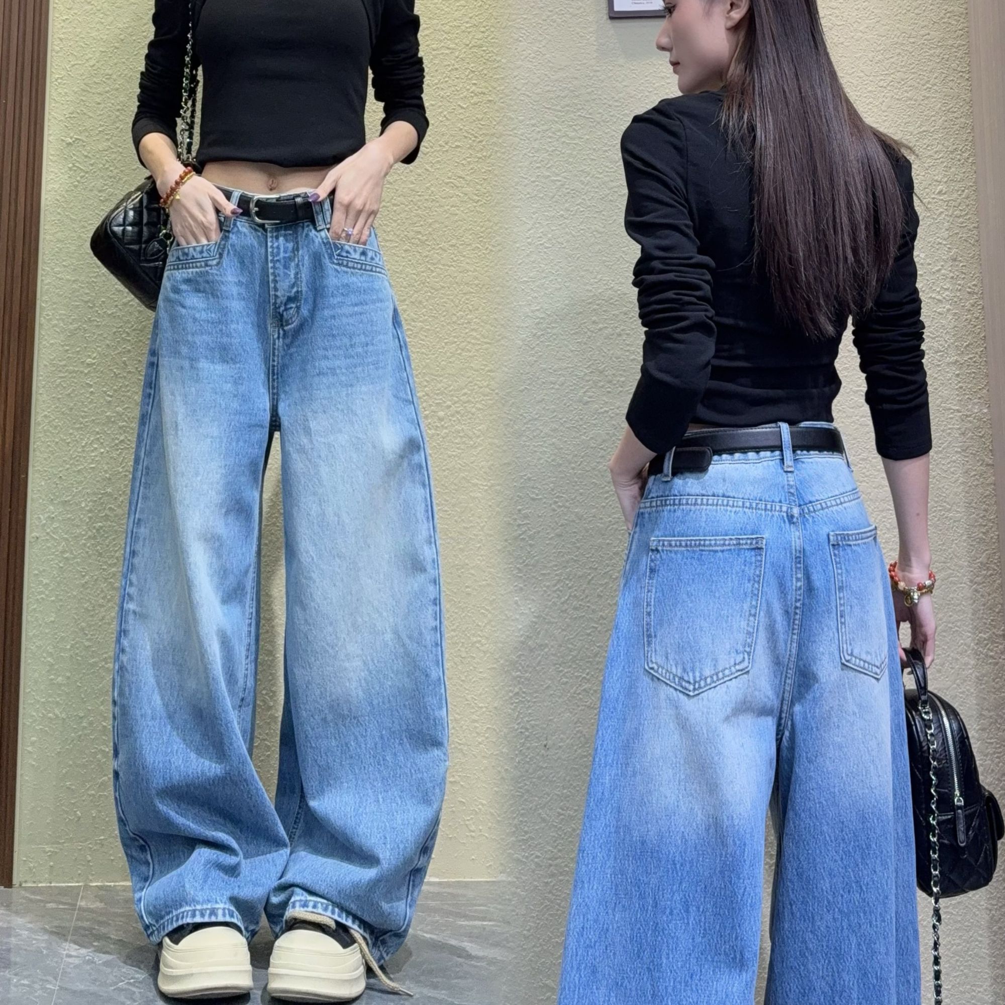 高弹复古港风2025冬季薄款时尚宽松阔腿韩版牛仔裤直筒9198