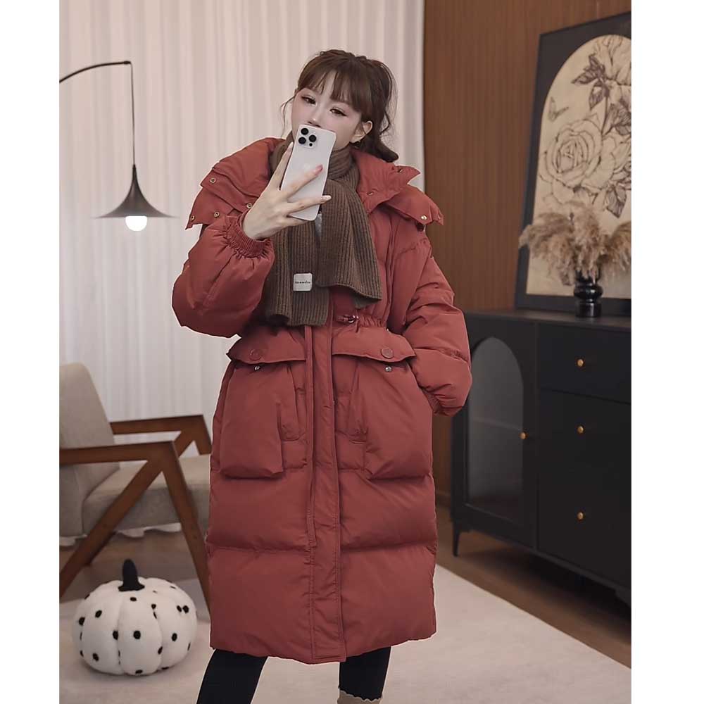 韩版羽绒服百搭收腰手套款气质爆款外套女显瘦连帽中长款加厚冬季