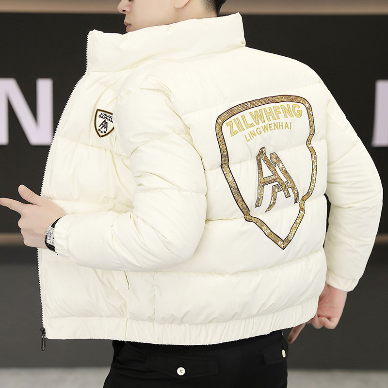 欧洲站冬季新款男士时尚潮流帅气百搭棉衣修身刺绣立领男士外套