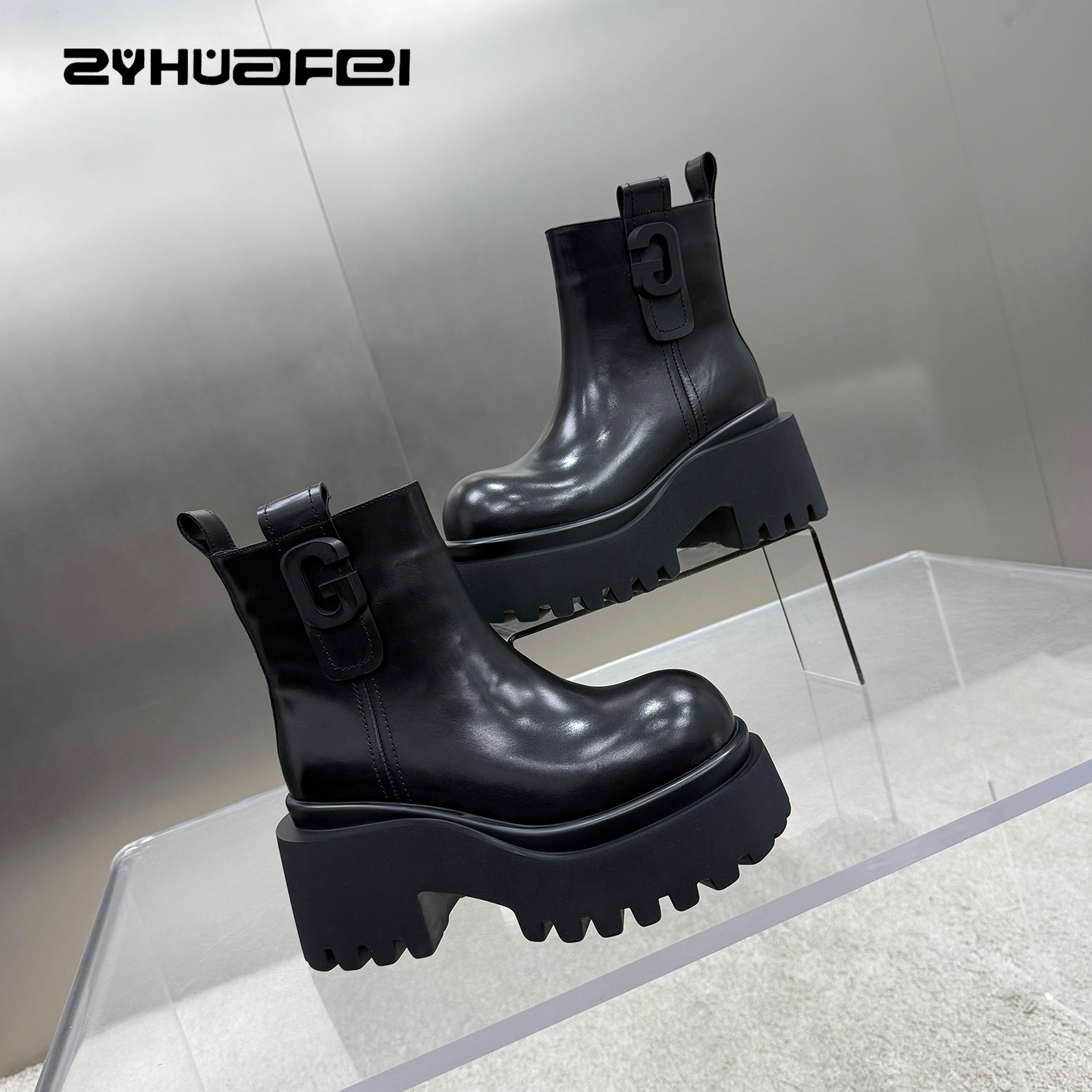 【左右华菲】8.5cm老钱风胎牛皮厚底切尔西靴子秋冬女士皮的马丁靴