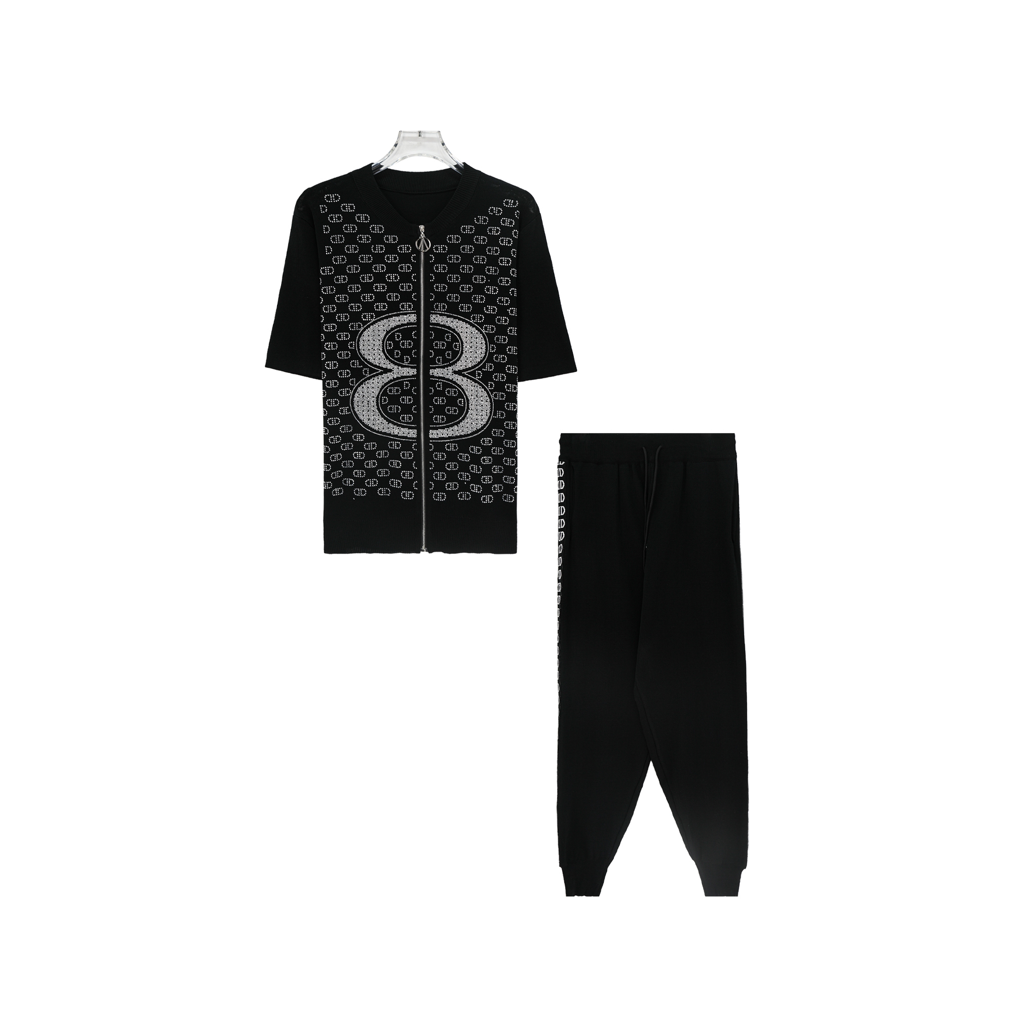 X26266 时尚简约重工烫钻短袖上衣高腰裤显瘦针织套装