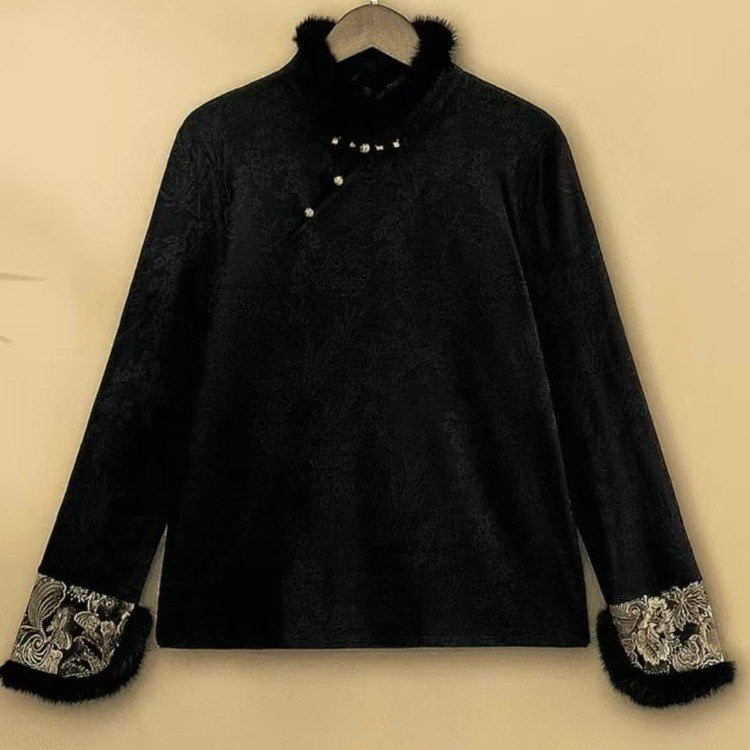 新中式国风立领提花长袖保暖打底上衣秋冬女士款