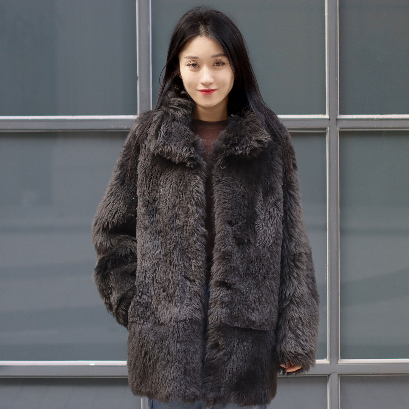 初晓2024年冬季新款女士皮毛一体外套 米白晨夜灰 休闲百搭 34916