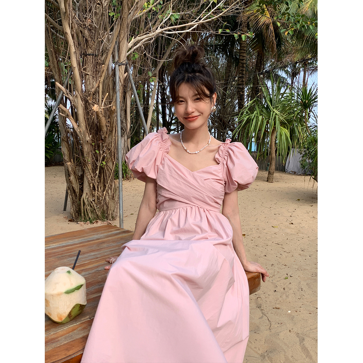 韩版气质蝴蝶结连衣裙女露背减龄81286