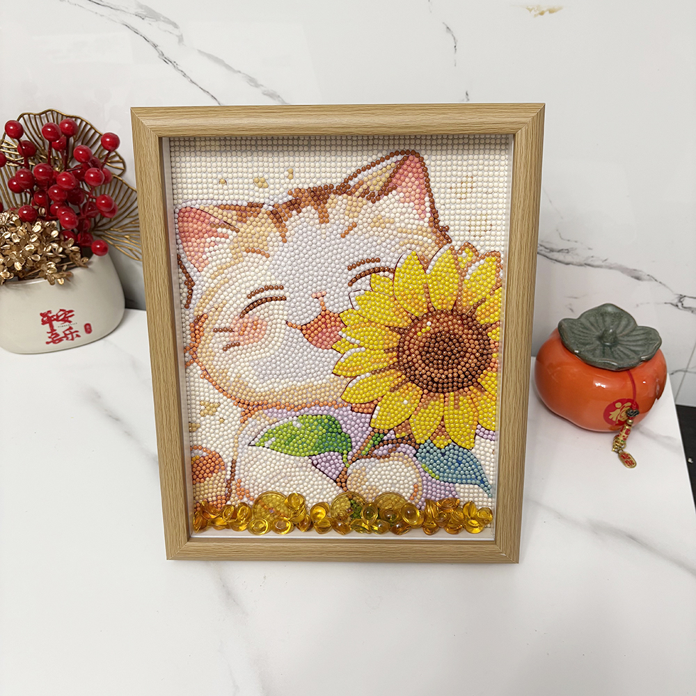 2025新款向日葵猫咪可爱钻石画十字绣手工diy摆台小幅客厅装饰件