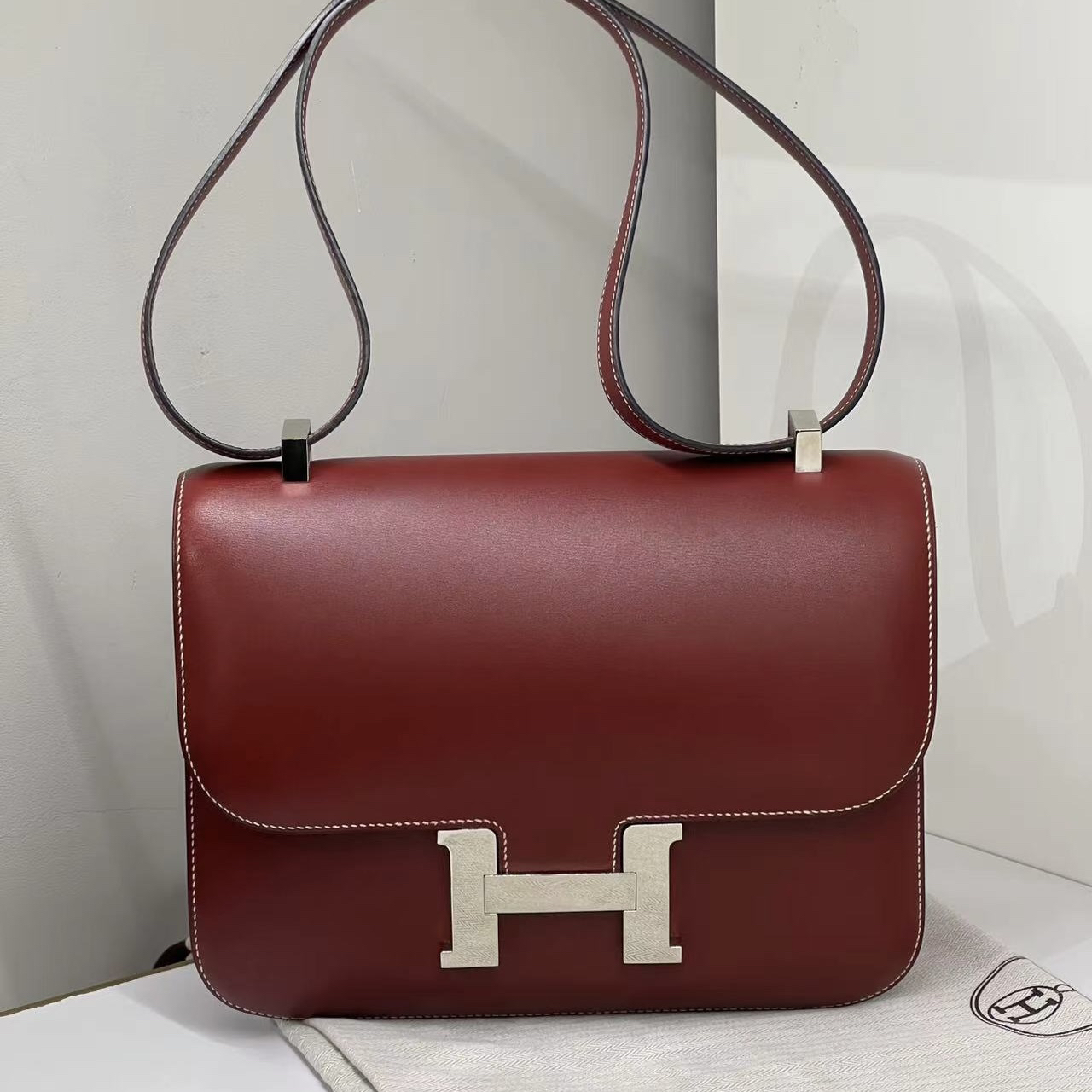 95新 Hermes/爱马仕 中古康康 25 爱马仕红box皮 方块D刻