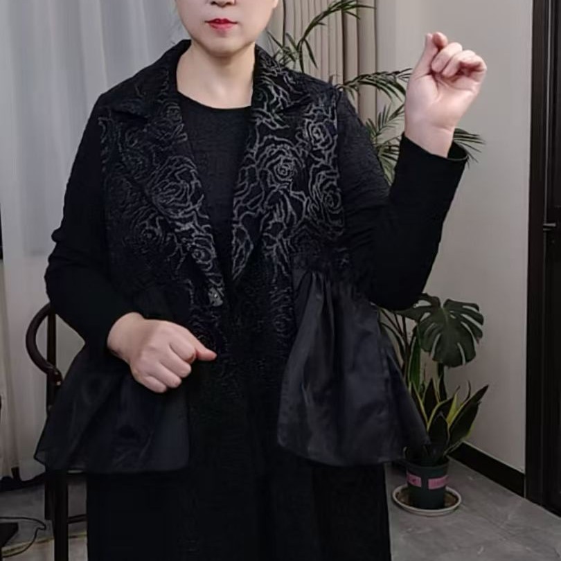 早秋款黑色时尚气质提花长马甲