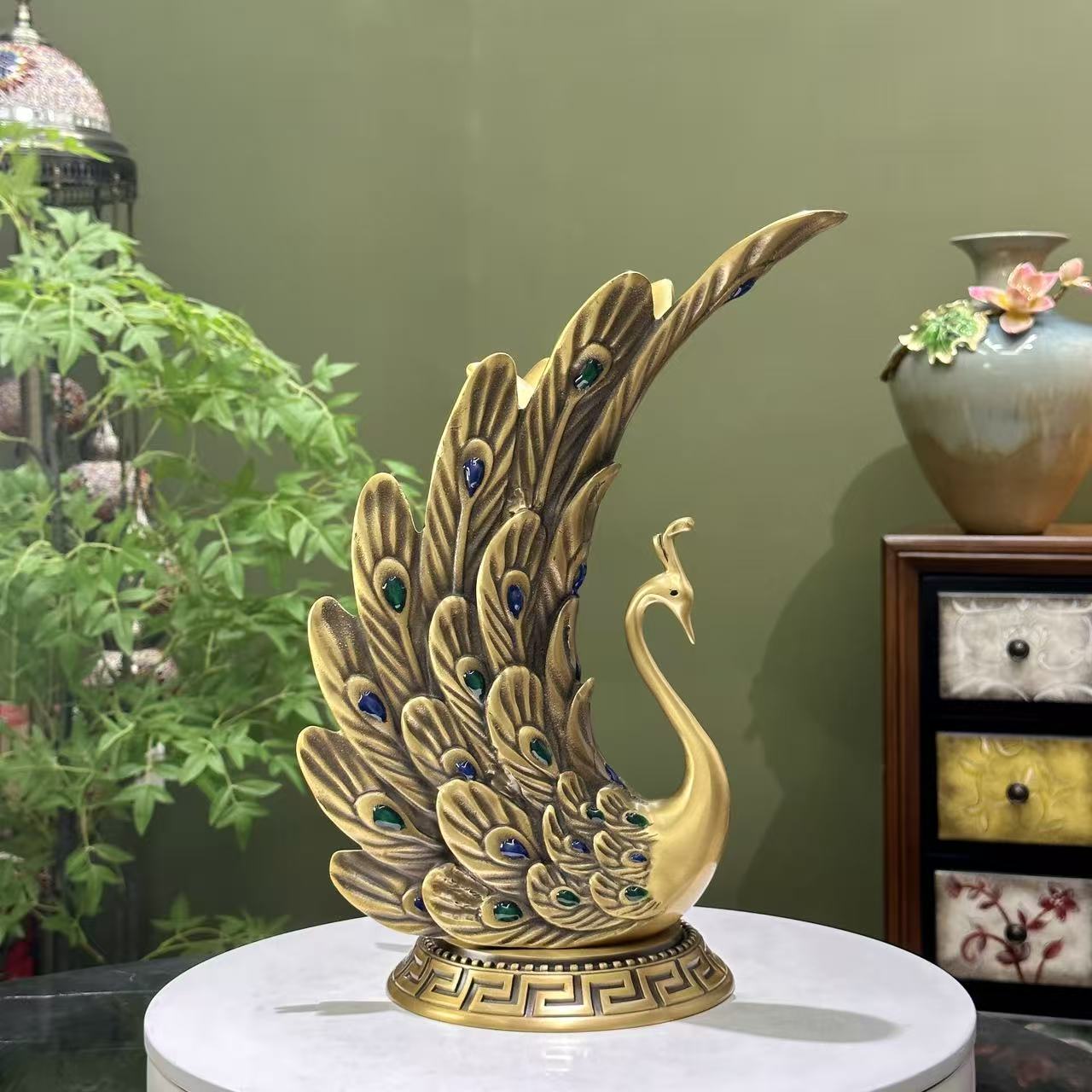 【凯迪饰界】黄铜锻打孔雀摆件高级现代美式复古玄关酒柜电视柜装饰